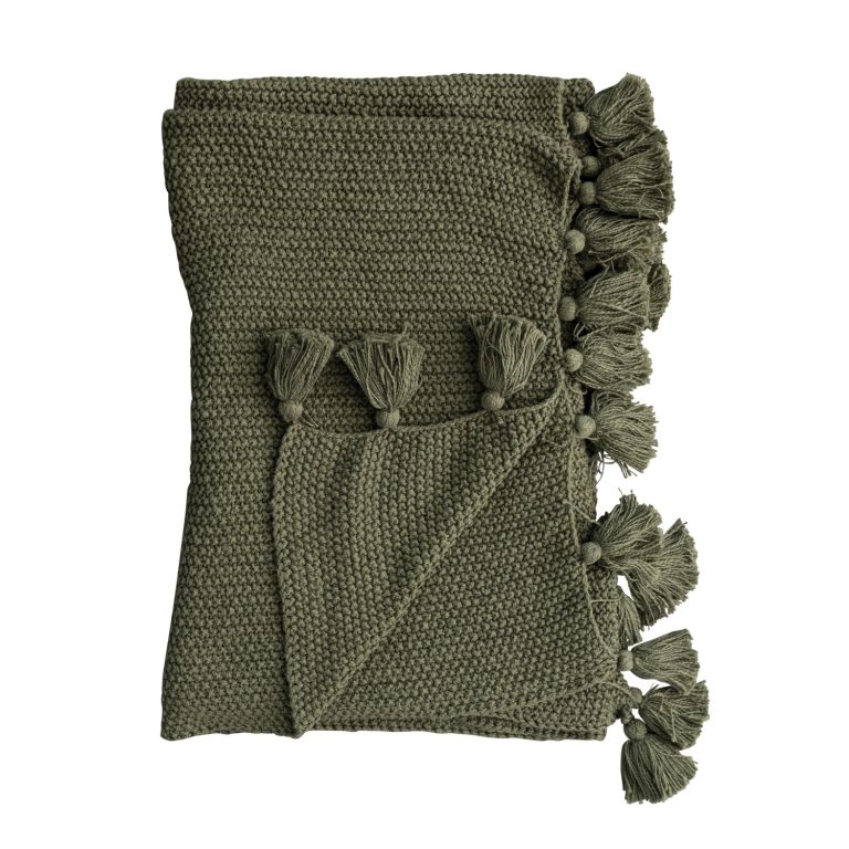 Cotton Knit Throw w/ Tassels, Olive Green - Image 5