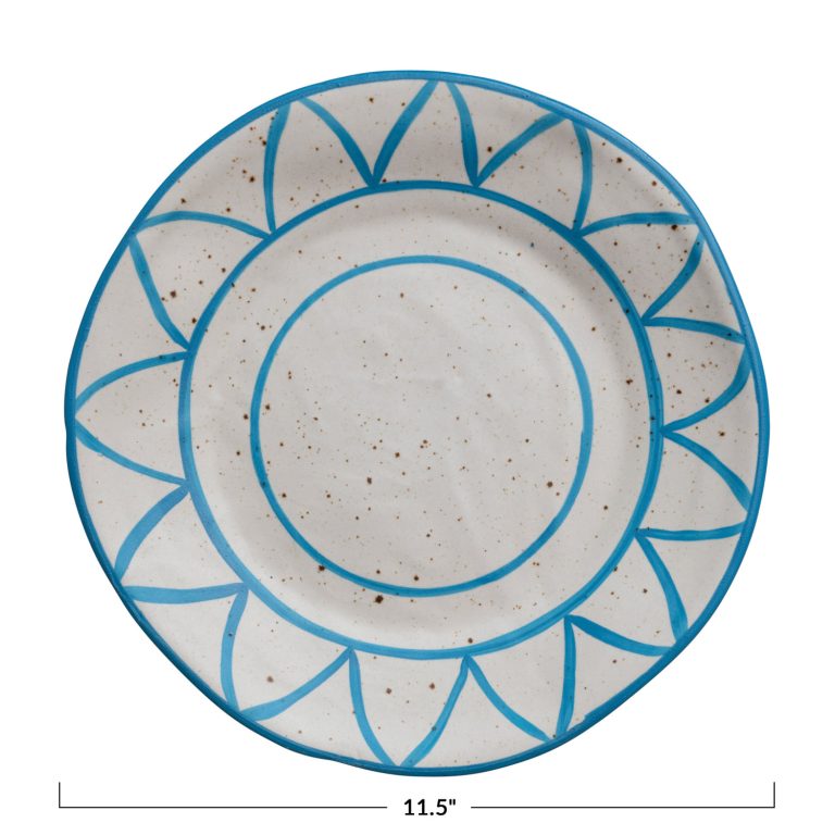 Hand-Painted Stoneware Plate w/ Design, Blue & Cream Color Speckled - Image 3